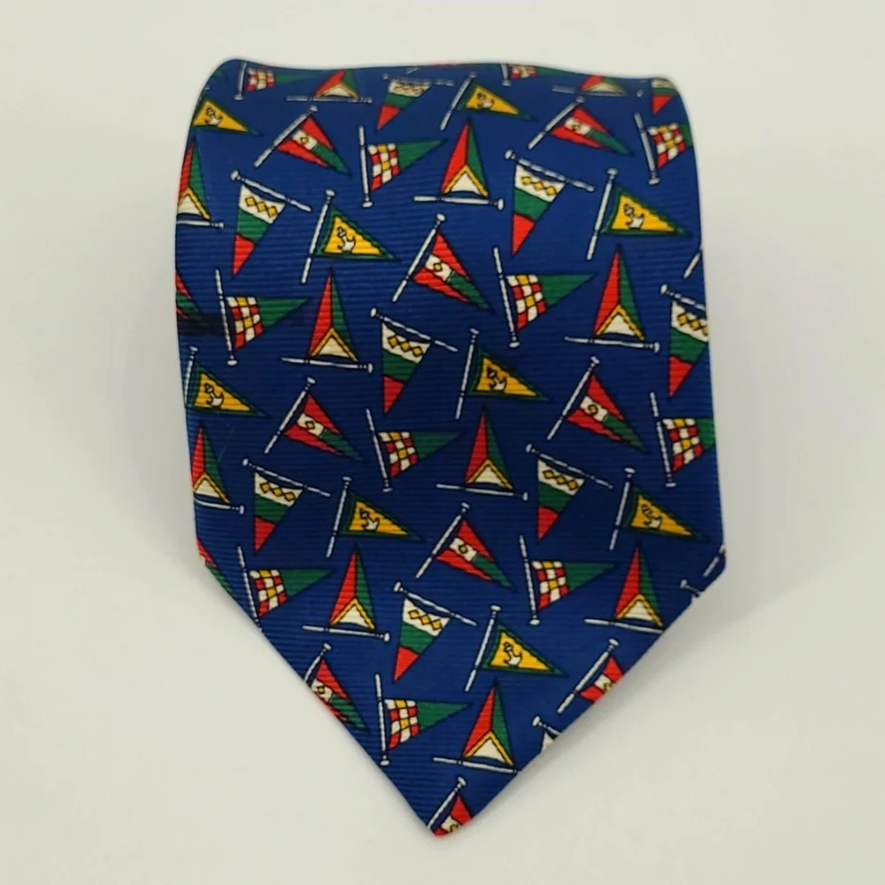 Paul Stuart Mens Silk Necktie Blue Nautical Maritime Signal Flag Pennant Pattern